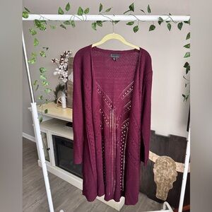 i Jeans by Buffalo Berry Wine Burgundy Sweater Open Front Cardigan Cutout Eyelet